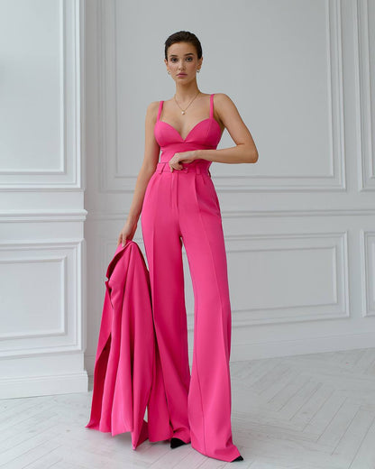 Prom Bridal Wedding Cocktail Graduation Pink Three-Piece Women Suit Jacket Top Trousers Pantsuit Palazzo Pants