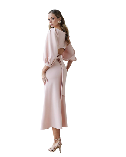 Elegant Women's Midi Dress with Puff Sleeves in Powder Pink