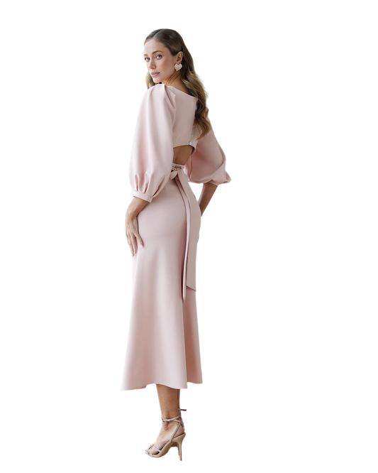 Elegant Women's Midi Dress with Puff Sleeves in Powder Pink