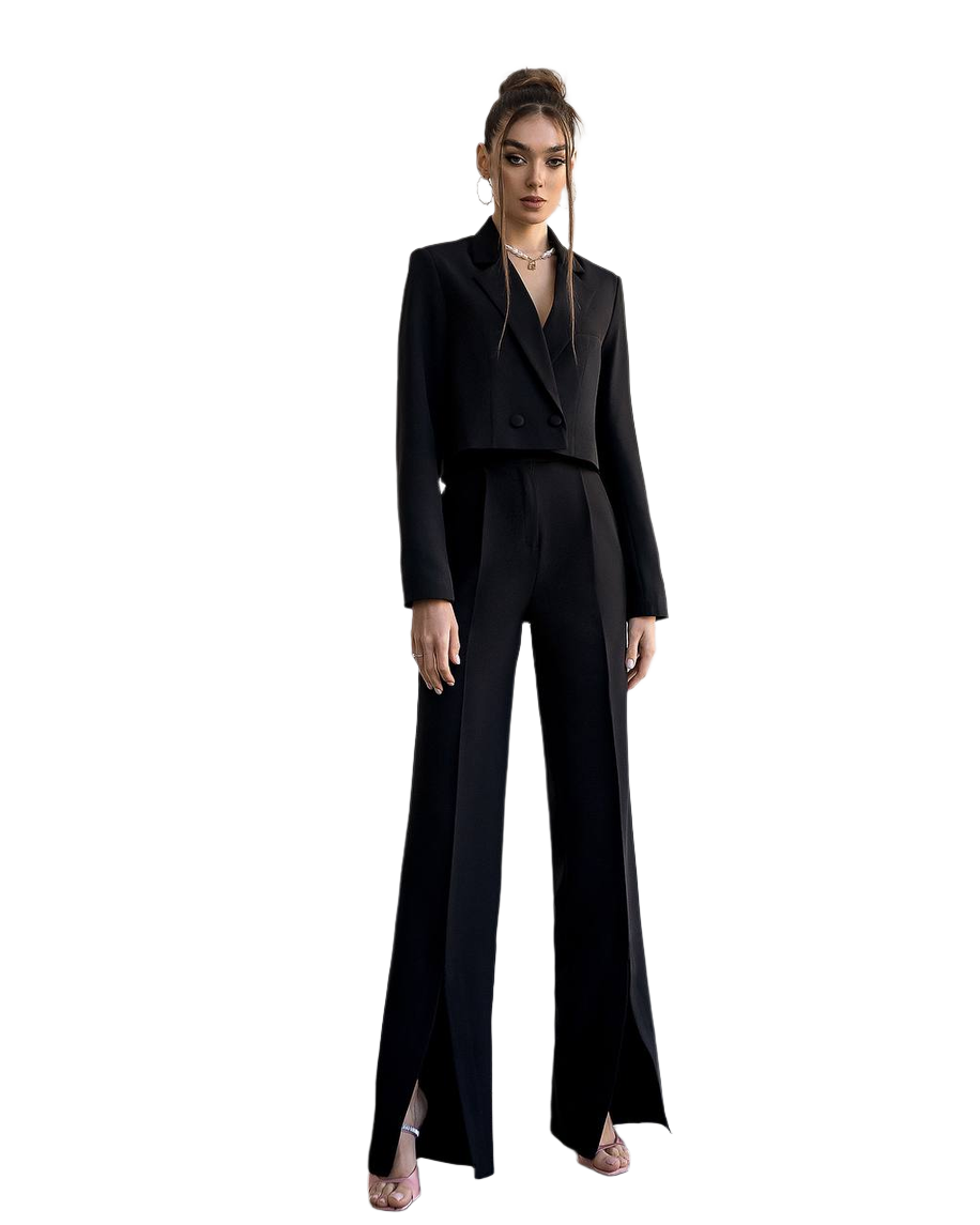 Womens Cropped Jacket Suit with Wide Leg Trousers