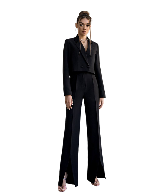 Womens Cropped Jacket Suit with Wide Leg Trousers