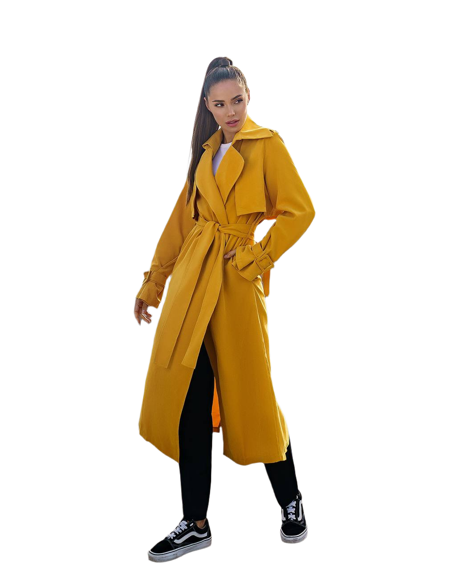 Woman wearing a yellow trench coat on a white background