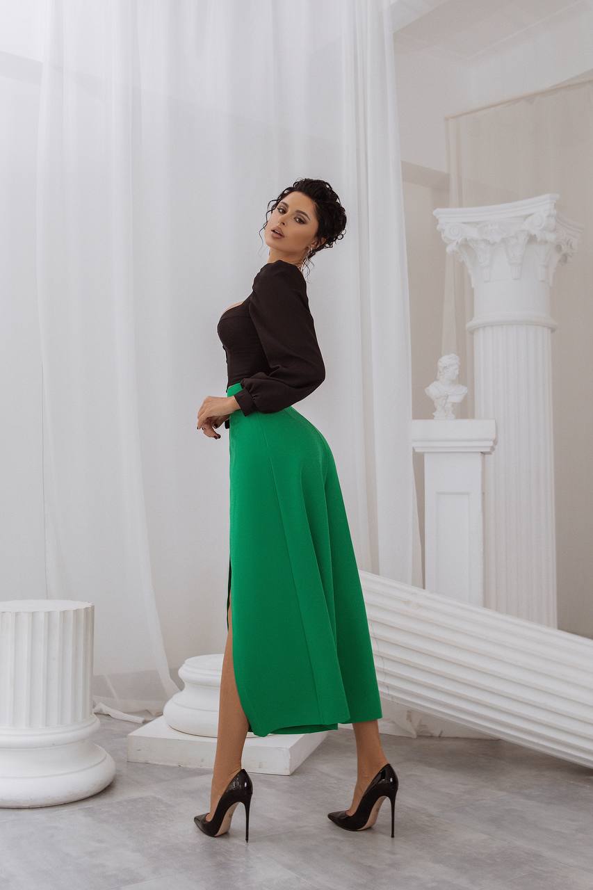 Woman in a black top and green skirt standing in a classical room with white columns.