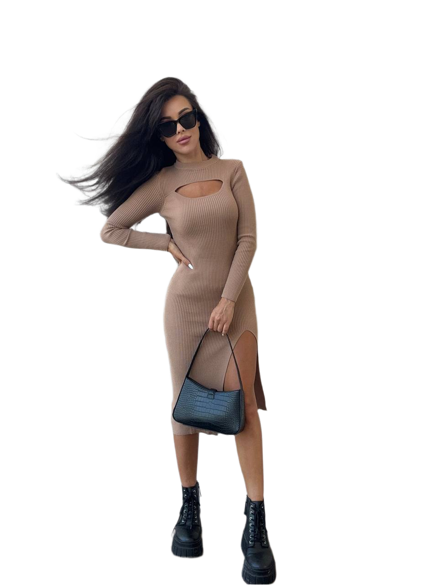 Women's Ribbed Knit Midi Dress with Front Slit in Beige