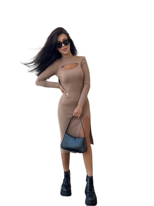 Women's Ribbed Knit Midi Dress with Front Slit in Beige