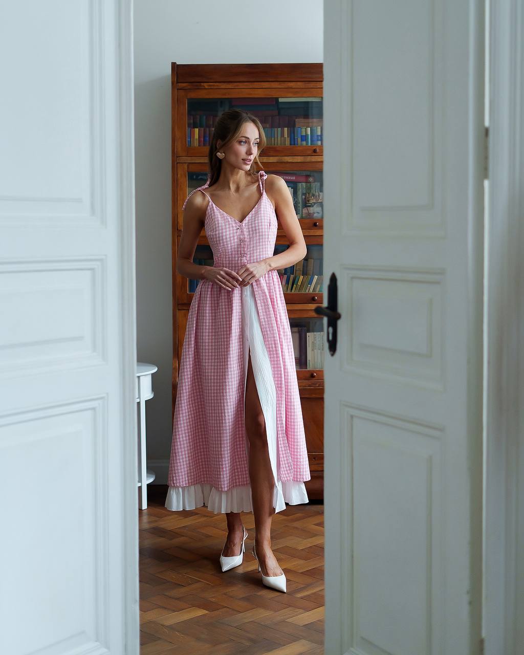 Pink Checked Cotton Sundress with Crinkled Batiste Lining for Women