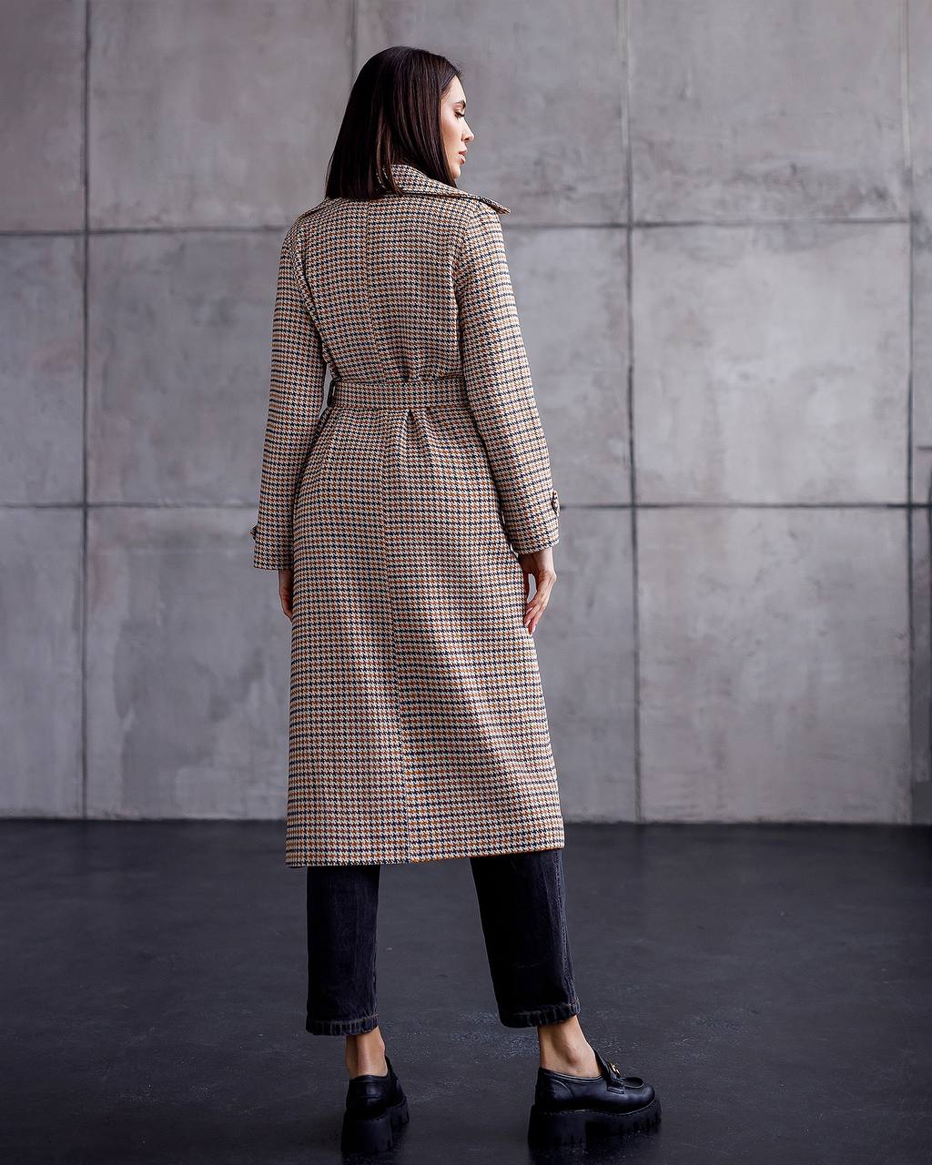 Womens Turkish Fabric Houndstooth Pattern Long Coat with Belt