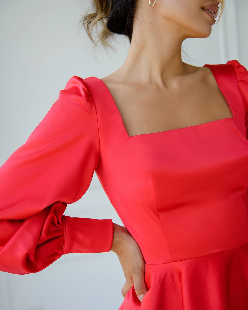 Royal Mango Satin Mini Dress with Puff Sleeves for Women