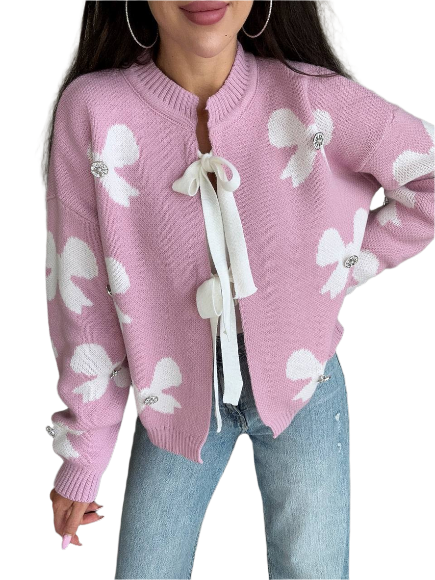 Womens Pink Bow Pattern Fine Knit Cardigan with Ribbon Tie
