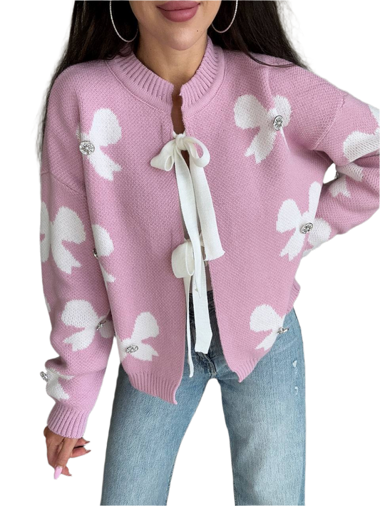 Womens Pink Bow Pattern Fine Knit Cardigan with Ribbon Tie