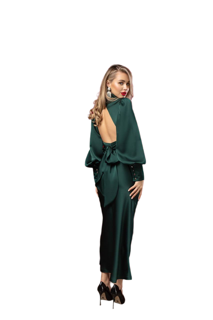 Elegant Backless Satin Dress for Women in Emerald Green