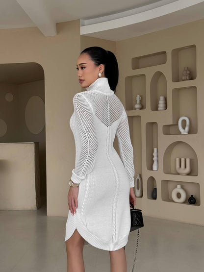 Woman wearing a white textured dress in a modern interior setting