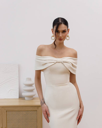 Elegant Off Shoulder Midi Dress with Corset Detailing