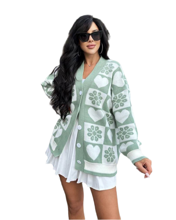 Warm Women's Knitted Cardigan with Heart and Floral Pattern