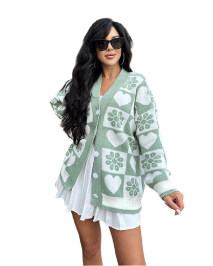Warm Women's Knitted Cardigan with Heart and Floral Pattern