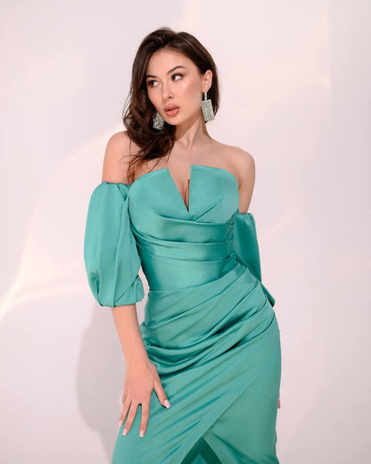 Elegant Royal Satin Midi Dress with Puff Sleeves and Side Slit for Women