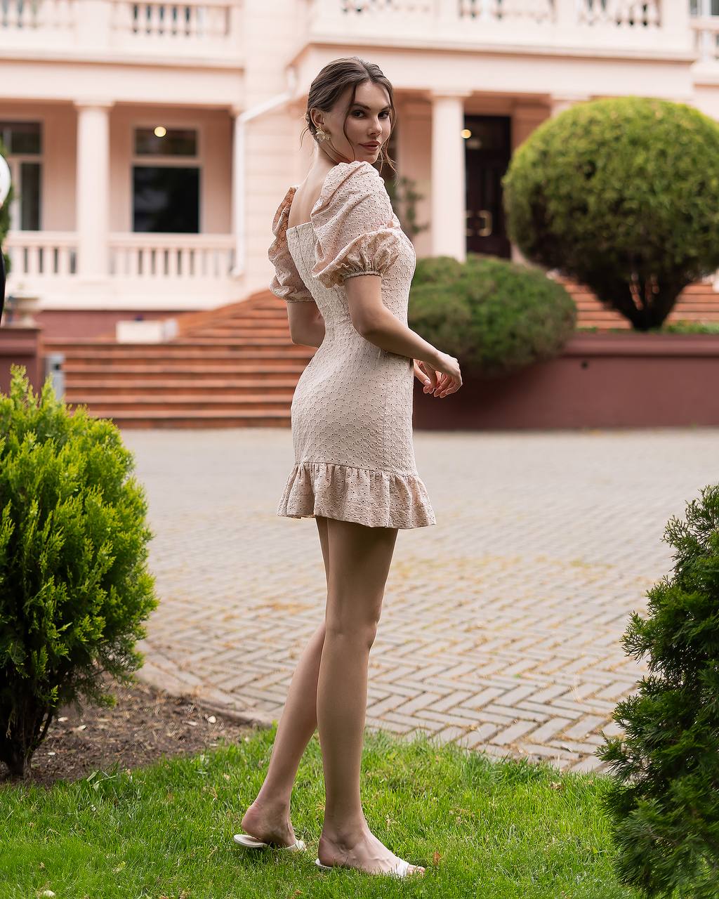 Cotton Broderie Dress with Batiste Lining in Beige