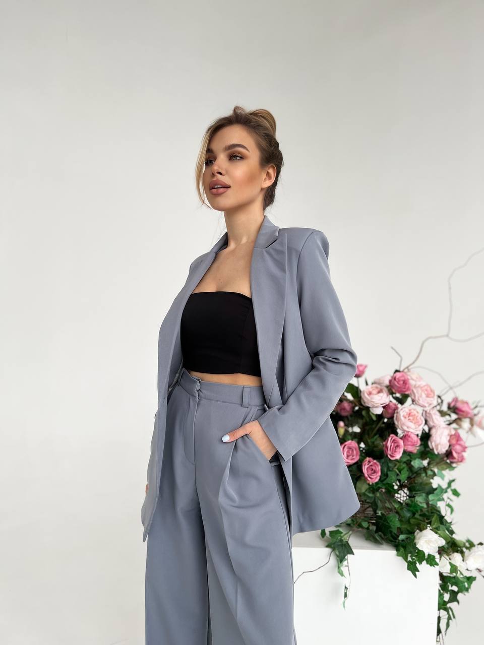 Gray Palazzo Suit Women Diagonal Crepe Tailored Blazer and Wide Leg Trousers