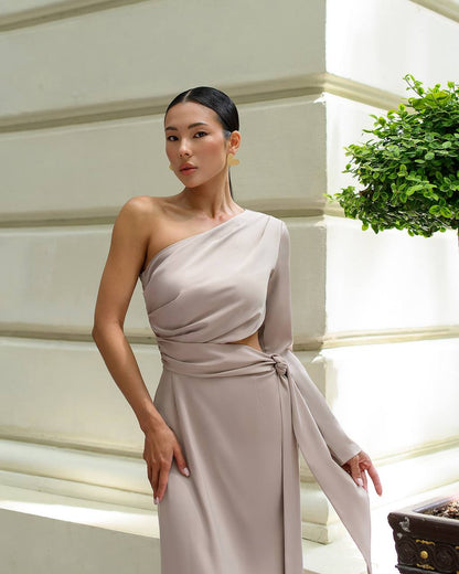 Asymmetric One Sleeve Midi Dress in Light Beige Satin
