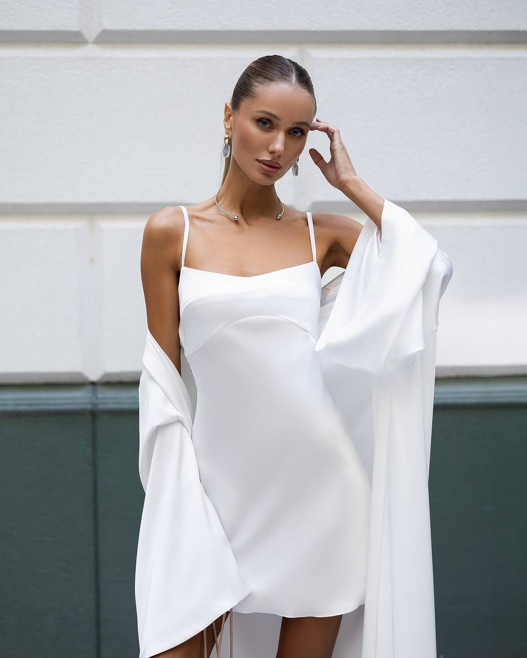 Womens Double Sided Satin Mini Dress with Long Cape