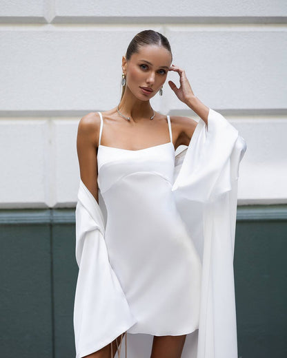 Womens Double Sided Satin Mini Dress with Long Cape