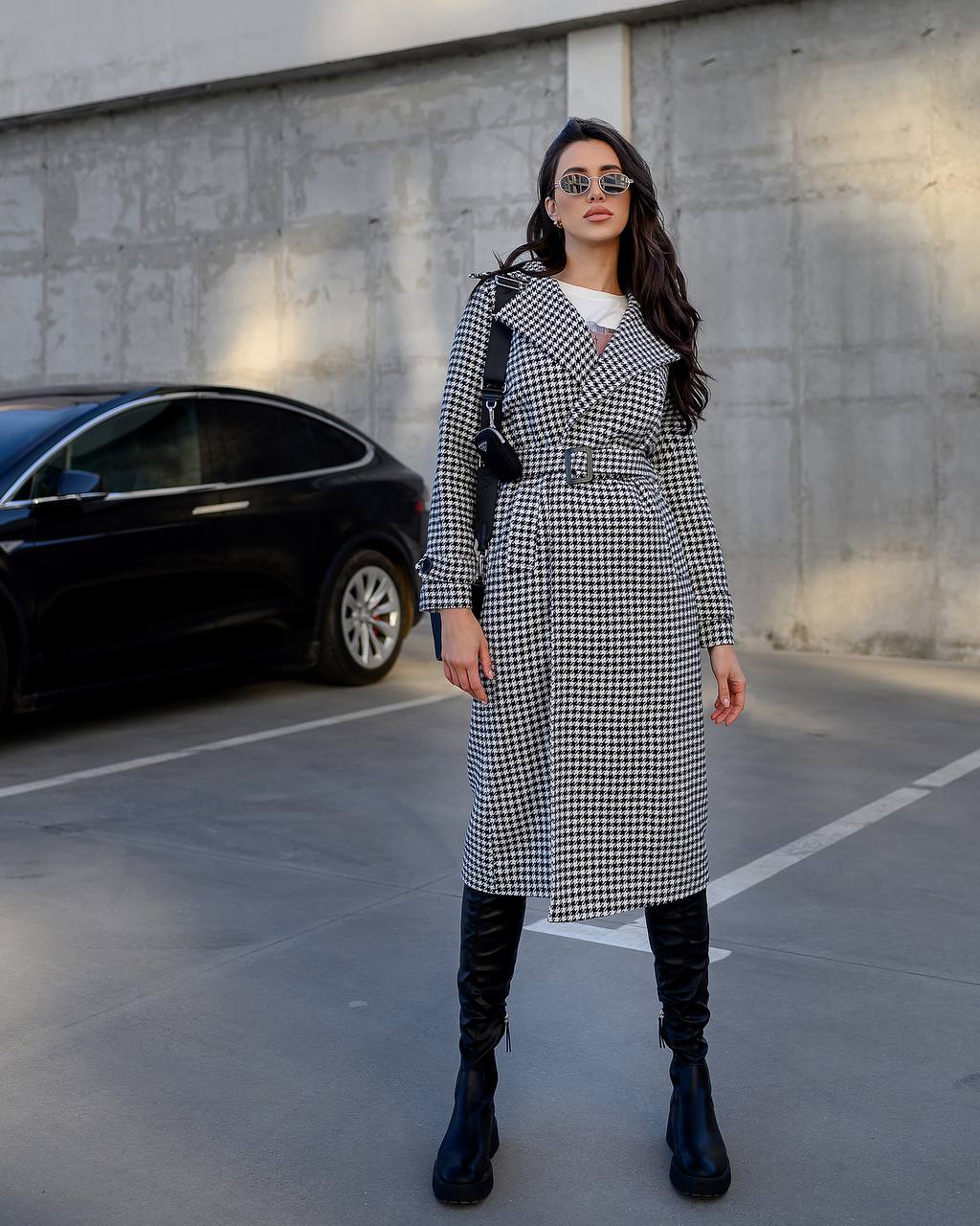 Womens Houndstooth Turkish Coat with Belt