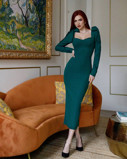 Elegant Emerald Green Long Sleeve Dress with Shoulder Bow Detail