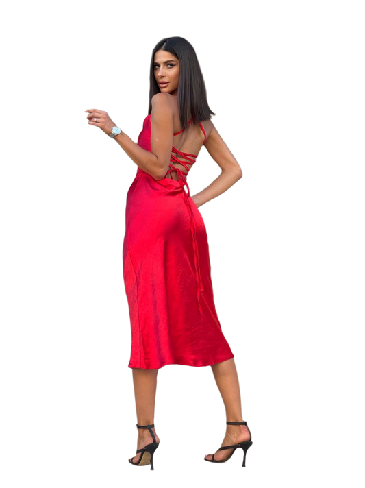 Ninel New Set Women Dense Italian Satin Red Dress