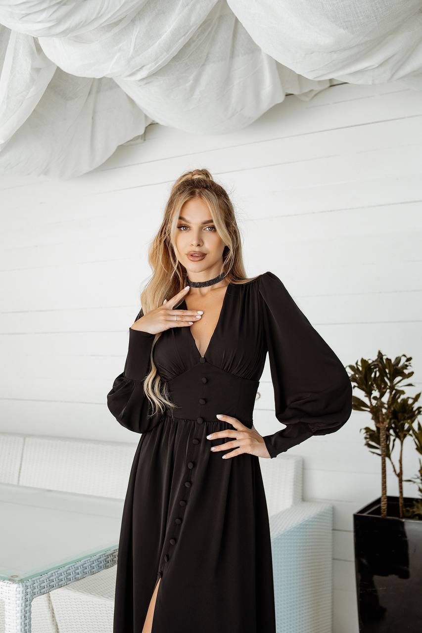 Woman in a black dress posing in a room with white walls and a plant.