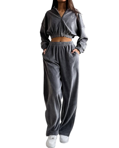 Plush Velour Oversized Tracksuit Set Grey High Waist Wide Leg