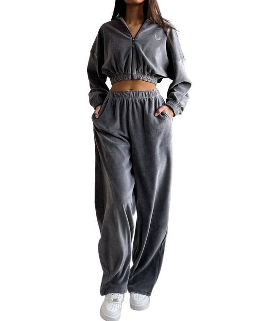 Plush Velour Oversized Tracksuit Set Grey High Waist Wide Leg