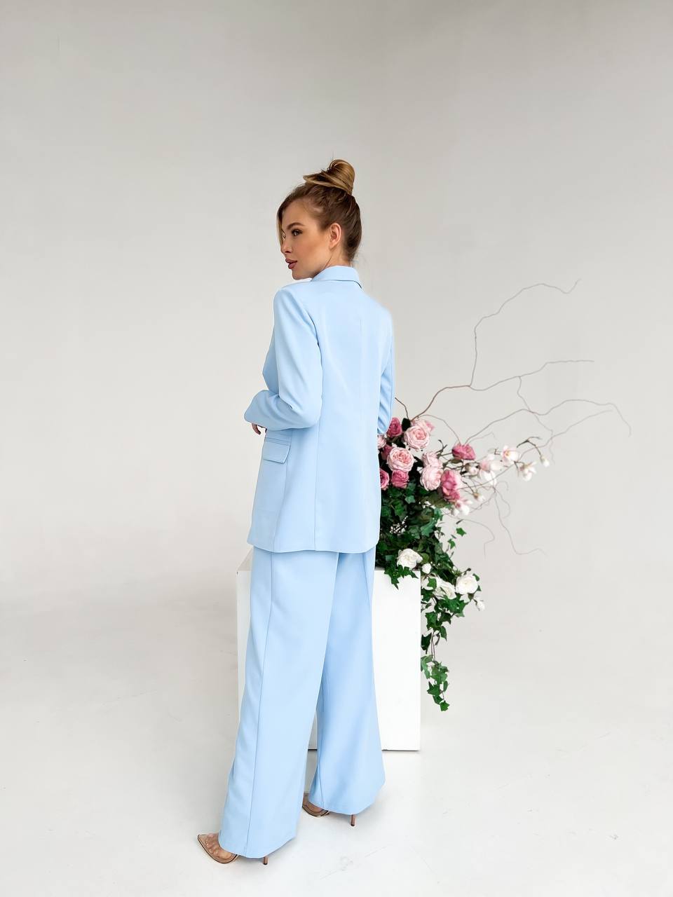Sky Blue Palazzo Suit Diagonal Crepe Lined Blazer Wide Leg Pants