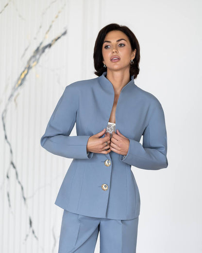 Womens Tailored Two Piece Suit with Stand Collar Jacket and Wide Leg Trousers