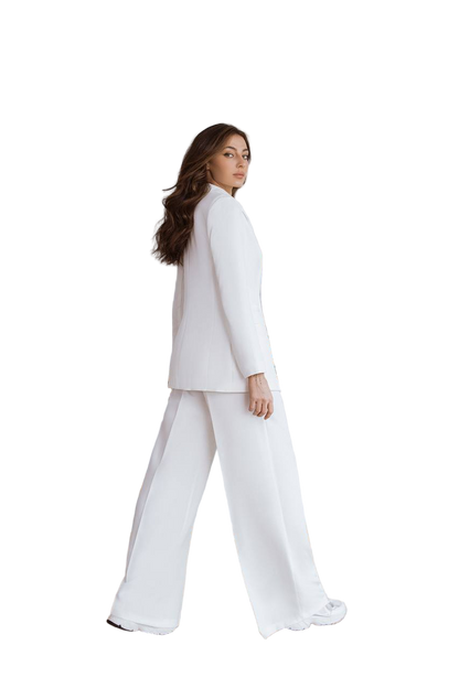 White Palazzo Suit Diagonal Crepe Womens Pantsuit with Premium Lining