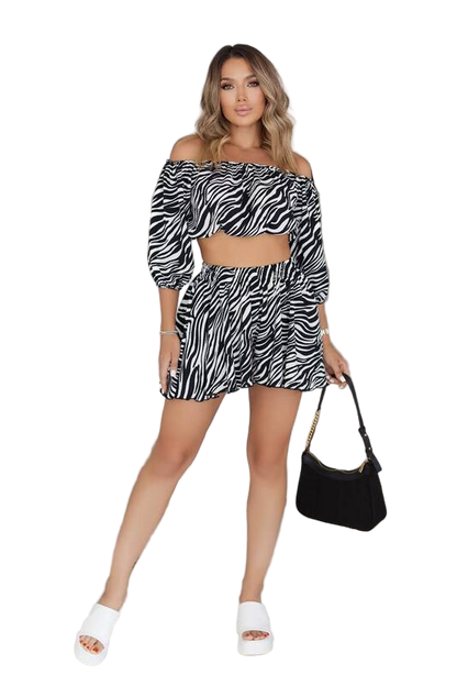 Woman wearing a zebra print outfit with a black handbag on a white background