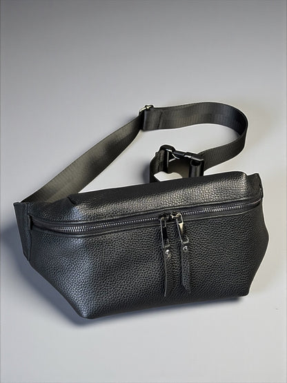 Handmade Mens Black Leather Waist Bag Fanny Pack Belt Bag Gift for Him