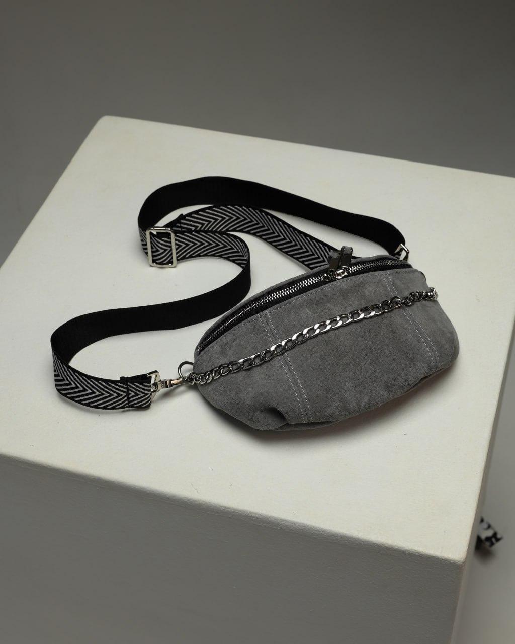 Womens Gray Suede Banana Bag Handmade Gift for Her Suede Fanny Pack with Chain Adjustable Strap
