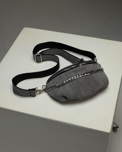 Womens Gray Suede Banana Bag Handmade Gift for Her Suede Fanny Pack with Chain Adjustable Strap