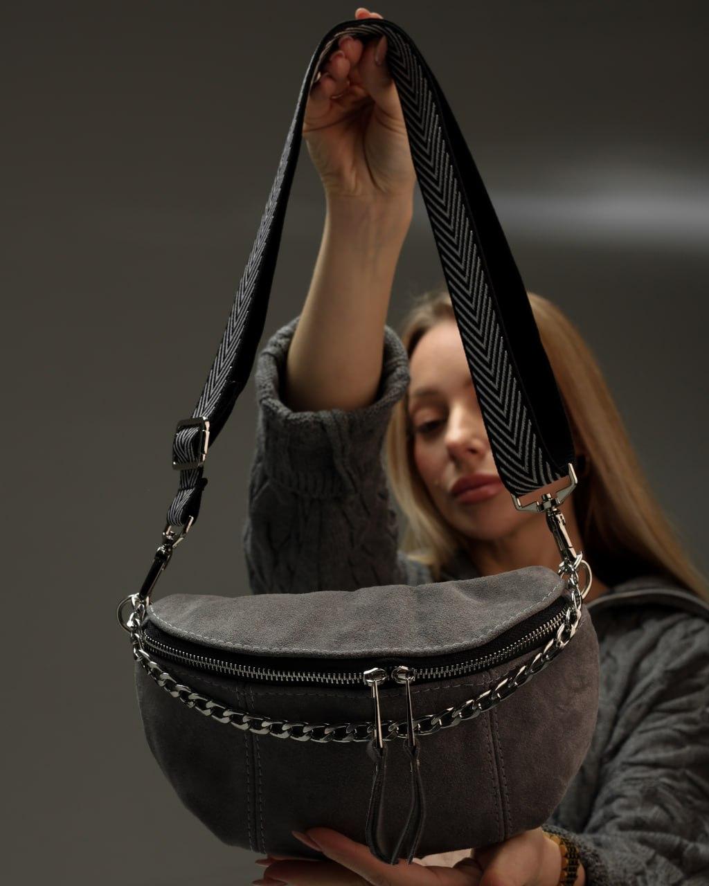 Womens Gray Suede Banana Bag Handmade Gift for Her Suede Fanny Pack with Chain Adjustable Strap