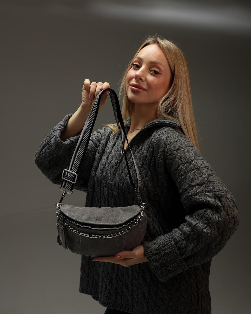 Womens Gray Suede Banana Bag Handmade Gift for Her Suede Fanny Pack with Chain Adjustable Strap