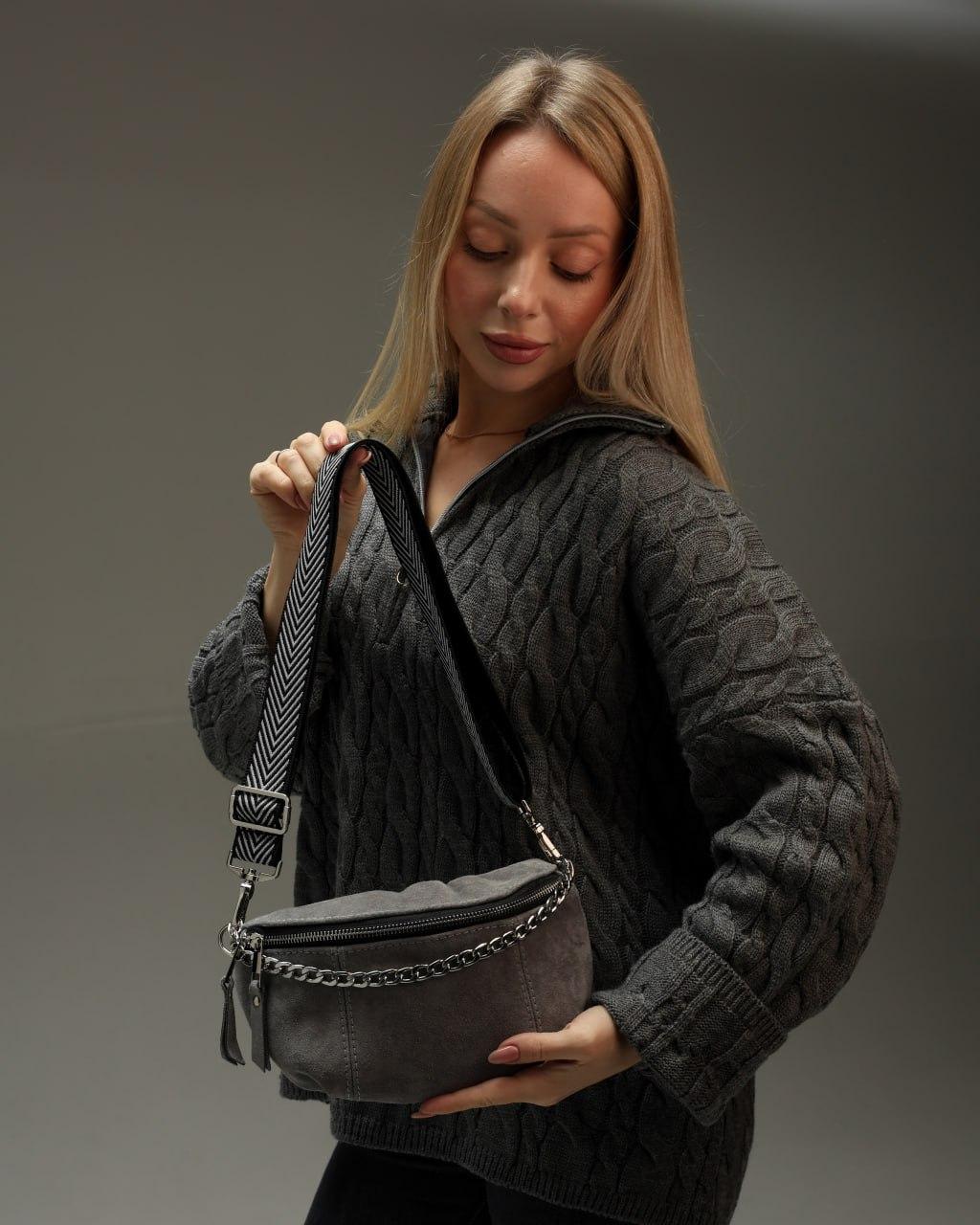 Womens Gray Suede Banana Bag Handmade Gift for Her Suede Fanny Pack with Chain Adjustable Strap