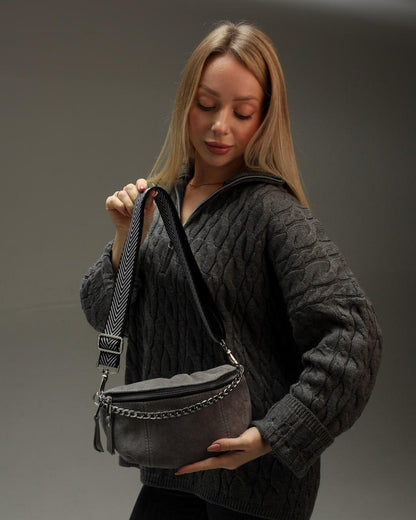 Womens Gray Suede Banana Bag Handmade Gift for Her Suede Fanny Pack with Chain Adjustable Strap