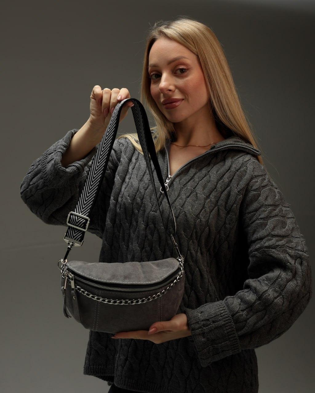 Womens Gray Suede Banana Bag Handmade Gift for Her Suede Fanny Pack with Chain Adjustable Strap