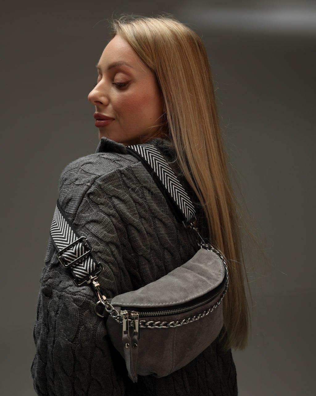 Womens Gray Suede Banana Bag Handmade Gift for Her Suede Fanny Pack with Chain Adjustable Strap