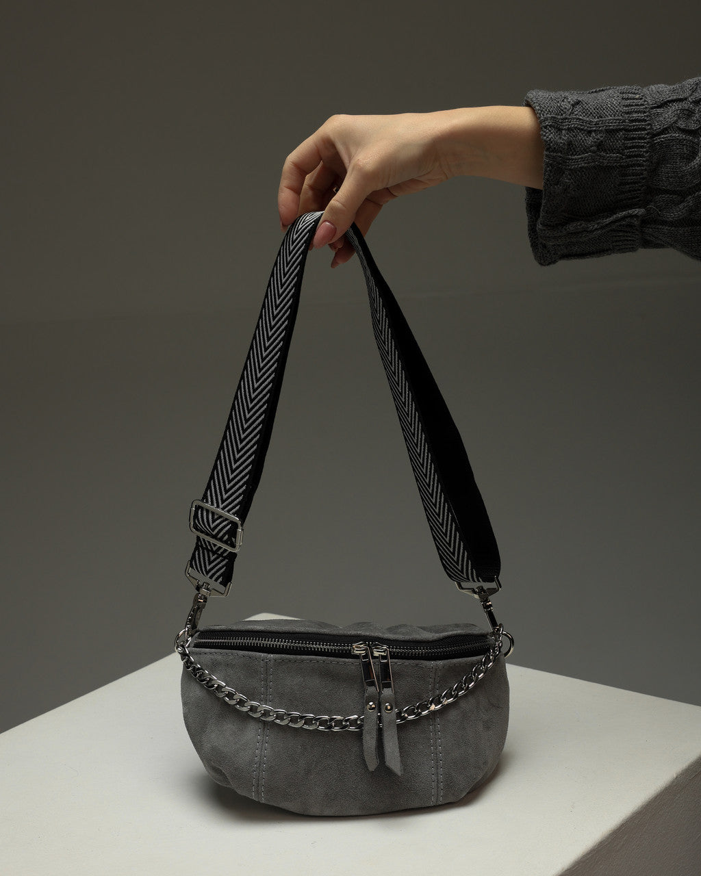Womens Gray Suede Banana Bag Handmade Gift for Her Suede Fanny Pack with Chain Adjustable Strap