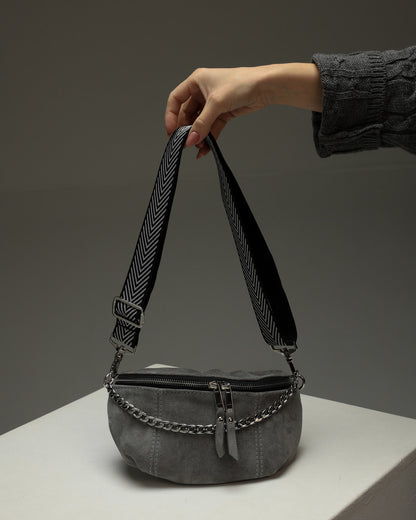 Womens Gray Suede Banana Bag Handmade Gift for Her Suede Fanny Pack with Chain Adjustable Strap