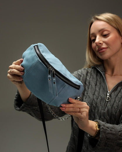 Handmade Blue Suede Banana Bag Women Waist Bag Gift for Her