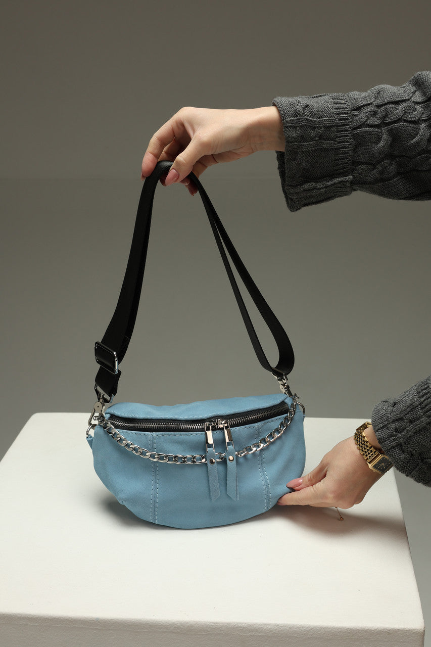 Handmade Blue Suede Banana Bag Women Waist Bag Gift for Her