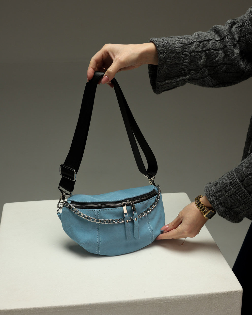 Handmade Blue Suede Banana Bag Women Waist Bag Gift for Her