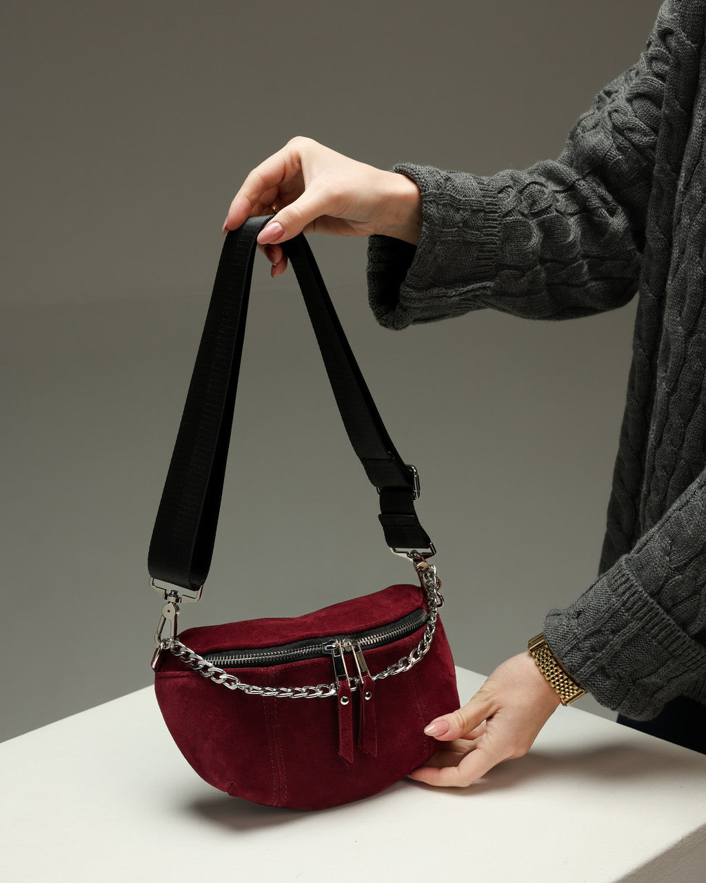 Handmade Womens Burgundy Suede Banana Bag Fanny Pack Gift For Her